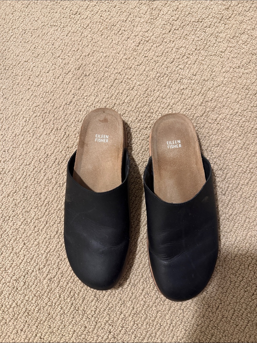 Eileen Fisher Black Leather Slip-On Mules with Brown Footbed